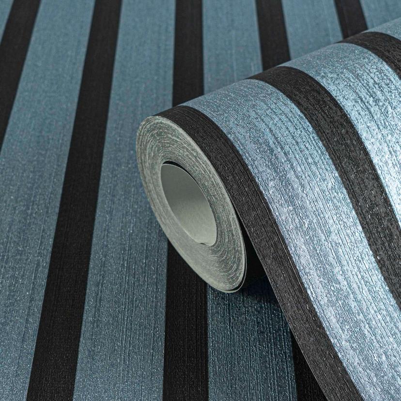 Carta da parati in tessuto non tessuto blu metallizzato con pannelli acustici in legno scandinavi ne