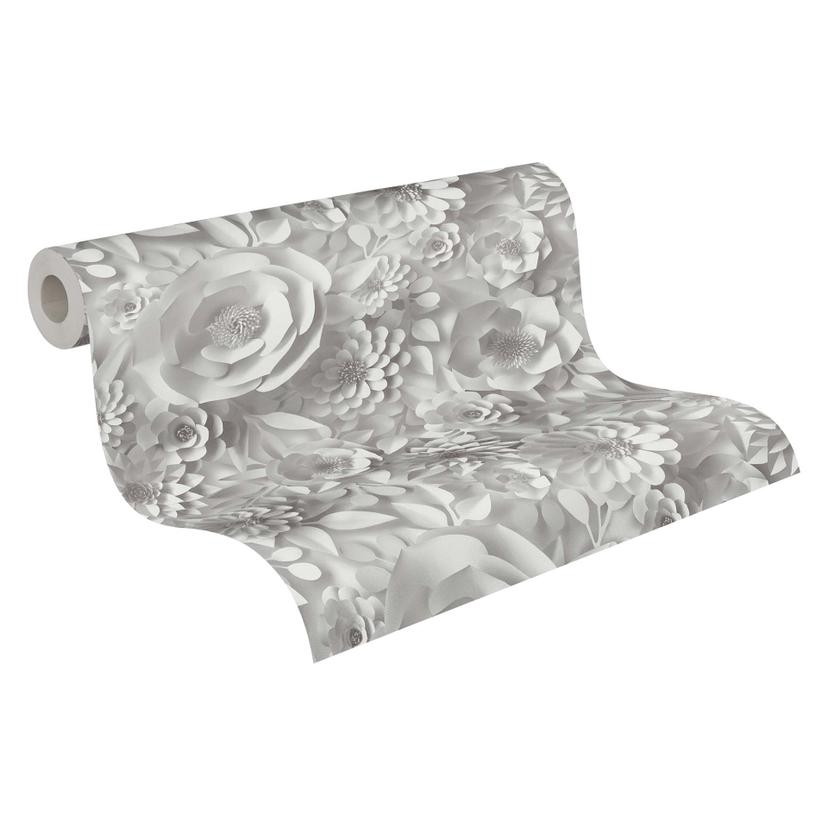 A.S. Creation carta da parati floreale in tessuto non tessuto grigio e bianco in stile moderno in 3D