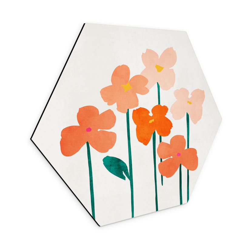 Hexagon Dibond Små blomster i ferskenfarver - Kubistika
