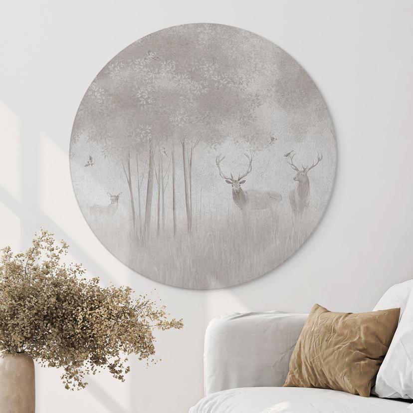 Wandbild Hirsche im Nebelwald - Ms Tiff - Alu-Dibond Rund