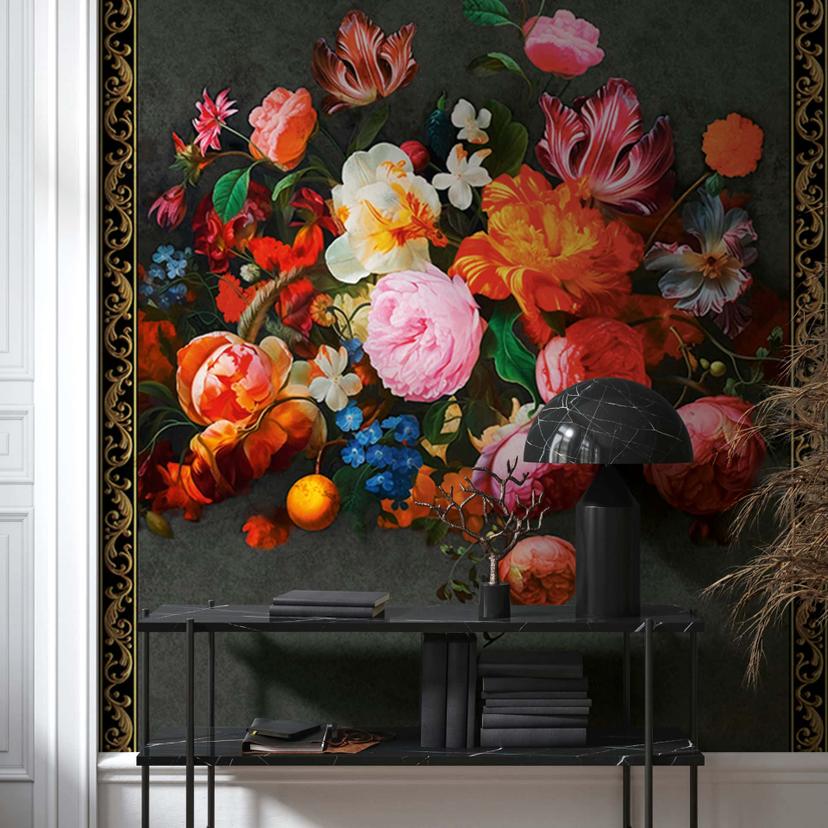 Papel pintado con motivos florales Floral Classic, Romantic mate en negro 2,70 x 1,59m