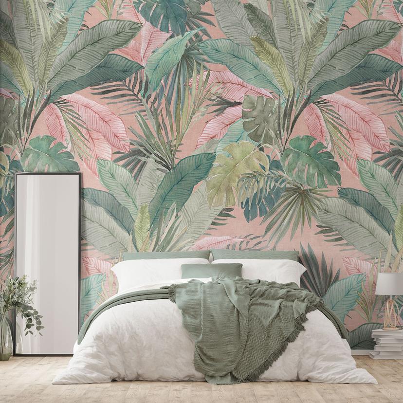 Fototapet med tropiske blade i junglens lyserøde farve - Bloomery Decor
