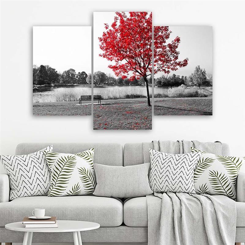 Stampa su tela 3 pezzi Paesaggio albero rosso