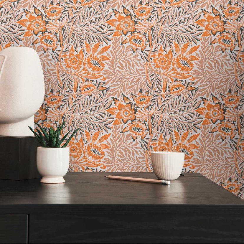 non-woven blomstertapet med blomstermønster orange beige - tapet med græsser