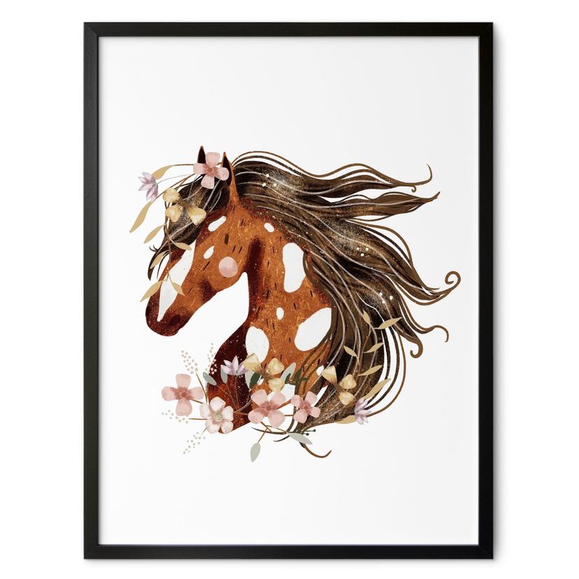 Póster boho con cabeza de caballo y corona de flores | motivo de caballo para la habitación de los n