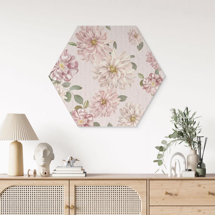 Stampe esagonali per pareti Dahlias Shabby Chic Rosa - Decorazioni floreali - Alluminio Dibond