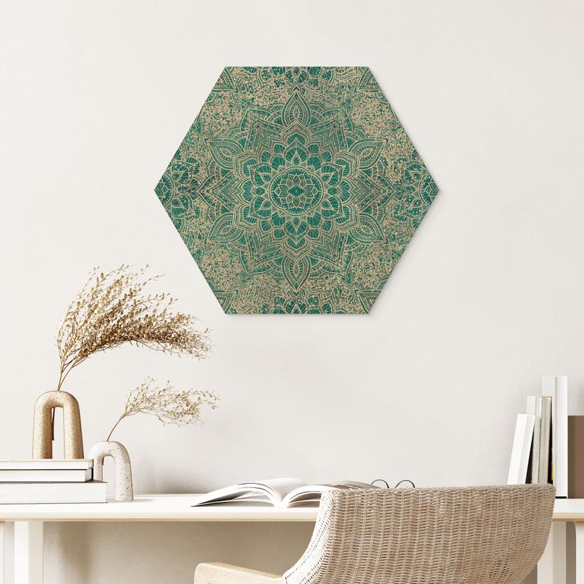 Stampa su legno esagonale Mandala Boho oro-verde - Bloomery Decor