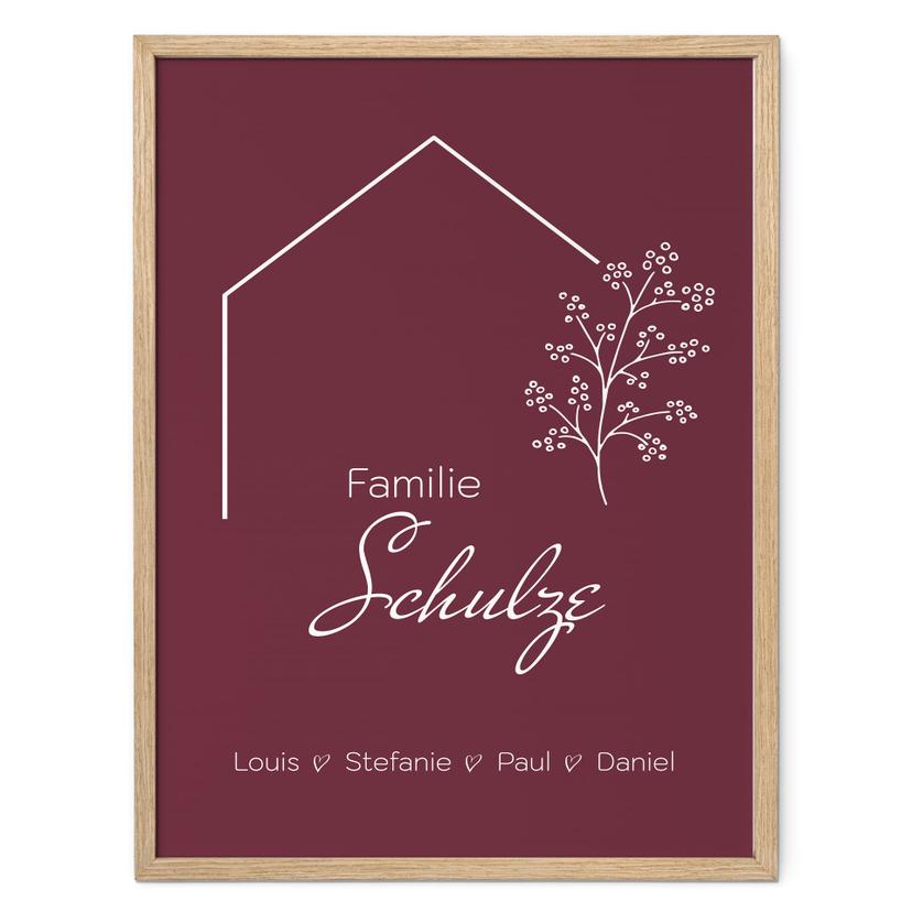 Personalisierbares Poster Familie Haus - weinrot