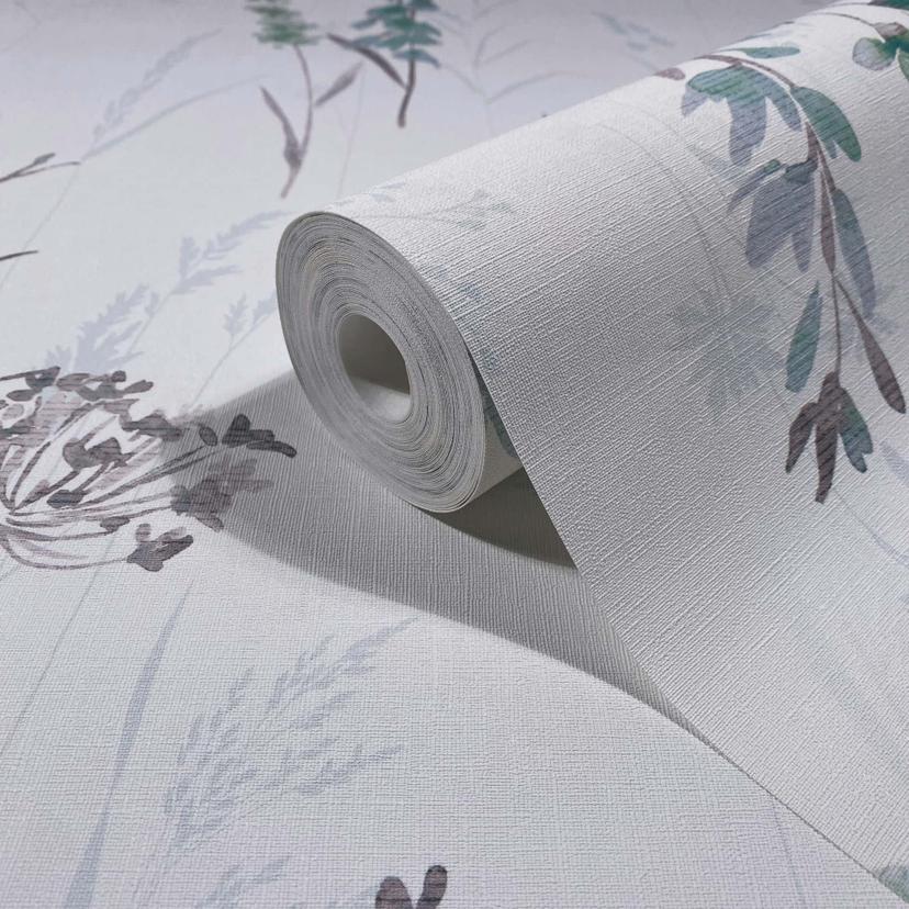Icke-vävd tapet blommor, blad blommig modern matt i vitgrön