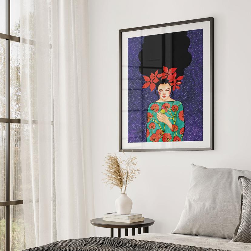 Poster Porträtt - Kvinna med röd blomkrona och fågel - Hülya