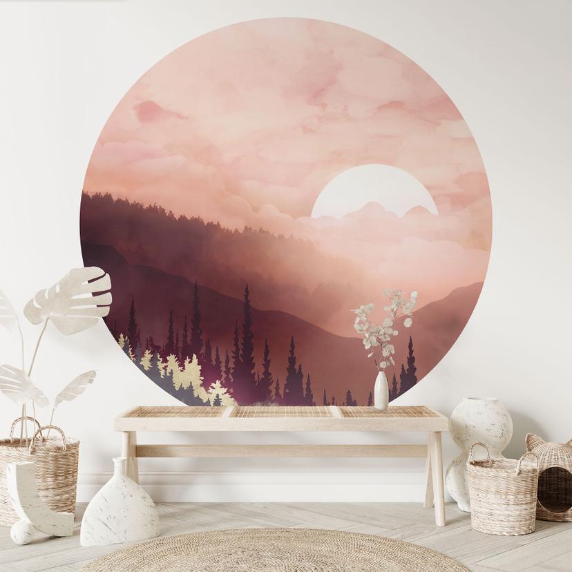 Behangcirkel Roze Zonsondergang boven het Bos - SpaceFrog Designs