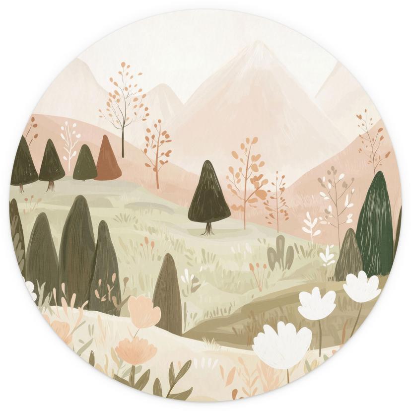 Paesaggio montano pastello con fiori - Treechild - Rotondo - Autoadesivo/non tessuto