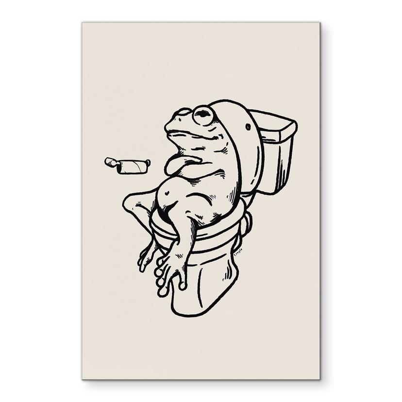 Wandbild Warten auf der Toilette - Humorvolle Frosch-Illustration - Royle - Alu-Dibond