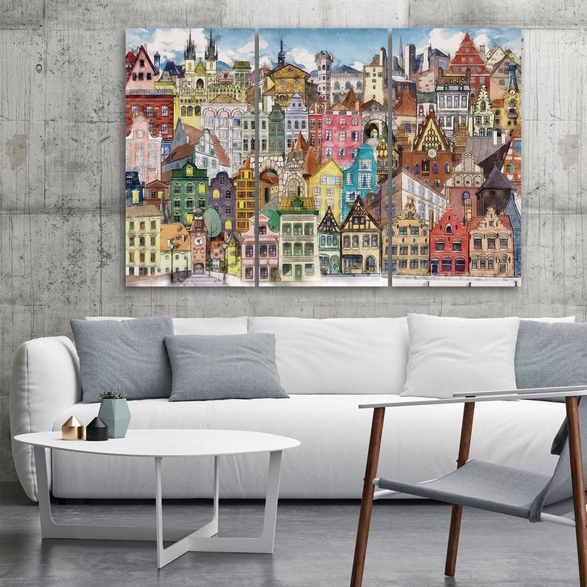 Stampa su tela 3 pezzi, Città felice