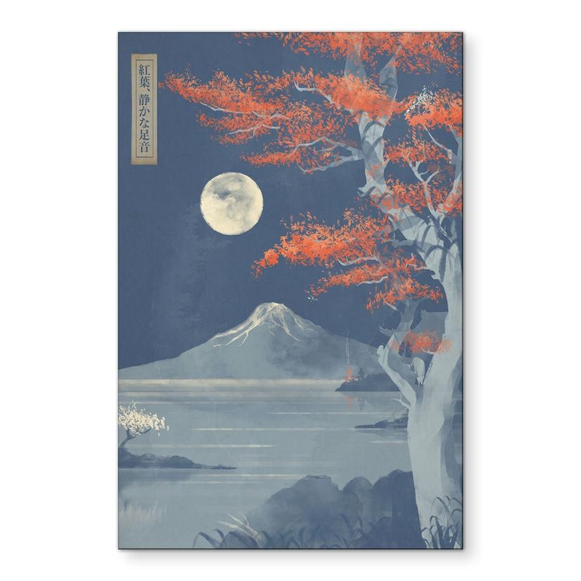 Billede af fuldmåne over toppen af Fuji-san - Roze – print på aluminium (Alu-Dibond)