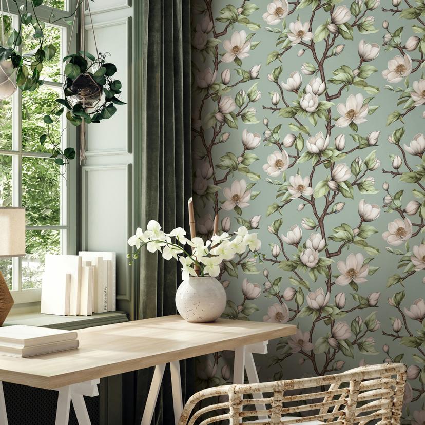 Icke-vävd tapet grenar, blommor blommig natur matt i grönt vitt