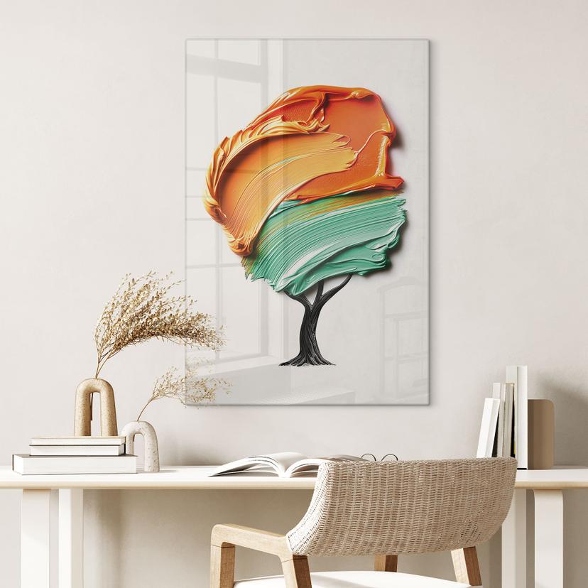 Glasschilderijen Boom met oranje en groene 3D-kroon - Mielu