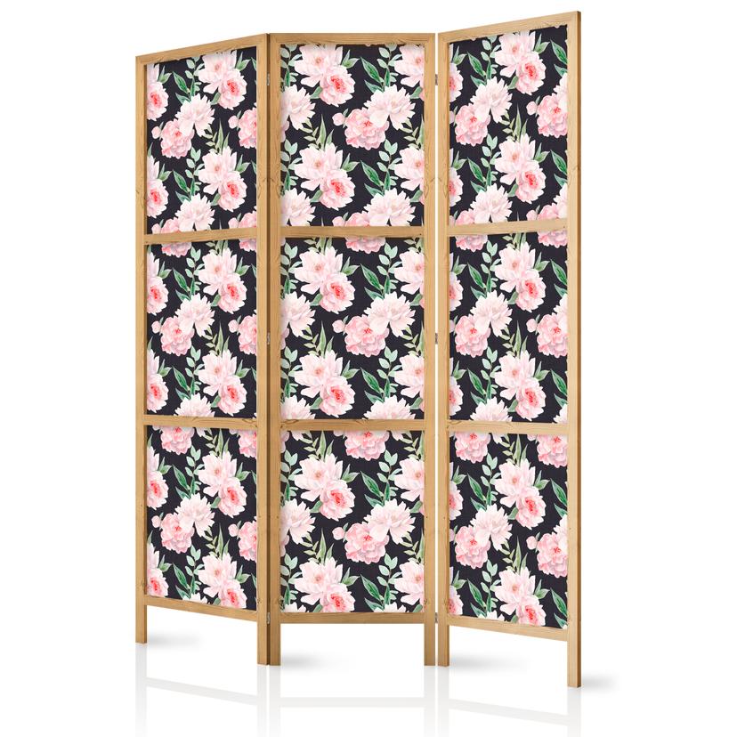 Japanischer Paravent, Raumteiler freistehend, Trennwand - Peonies on Graphite Background