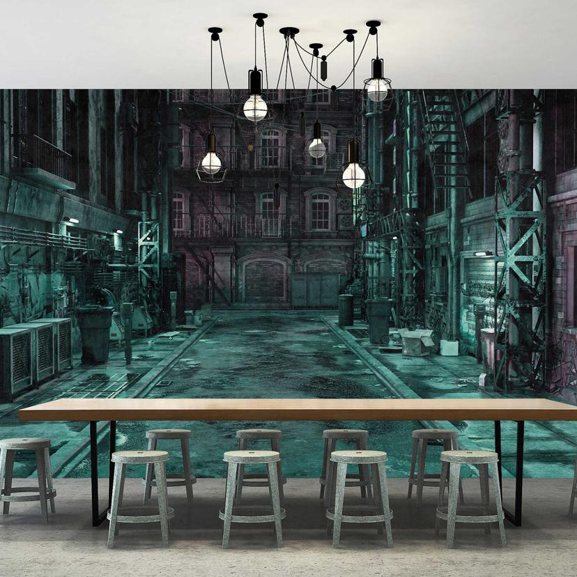 Papier peint urbain Scène de nuit - Motif de ruelle mystique en bleu frais