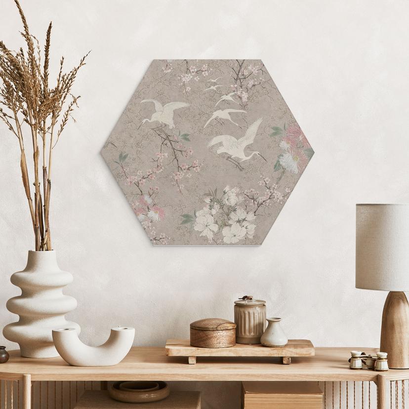 Stampe per pareti esagonali in fiore di ciliegio beige - Bloomery Decor - Alluminio Dibond