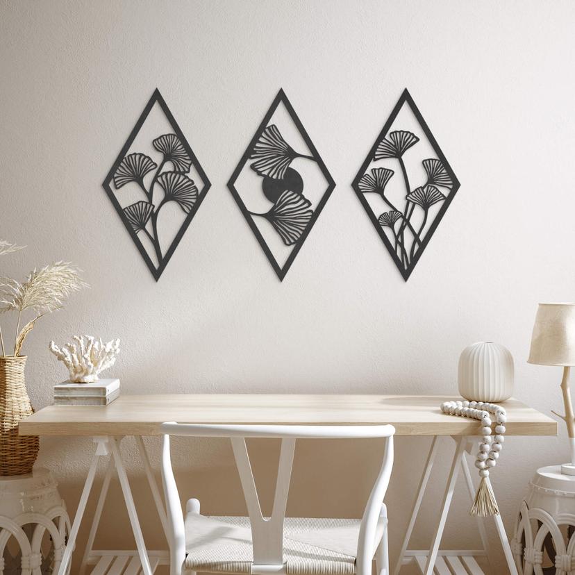Decoración en madera Juego de hojas de Ginkgo - forma de diamante - MDF (3 piezas)