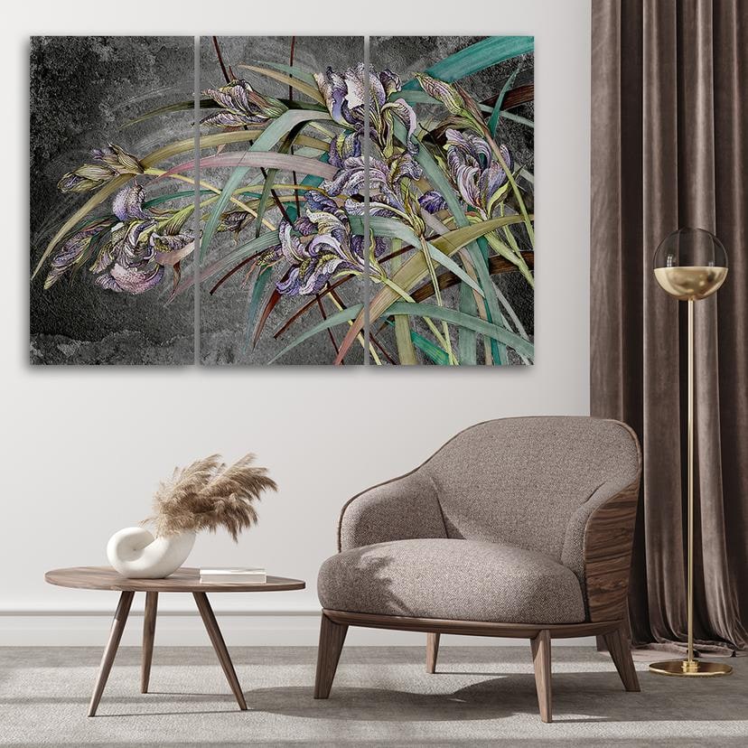 Stampa su tela in 3 pezzi, fiori di iris al vento