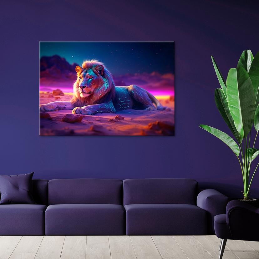 Stampa su tela leone natura animale neon