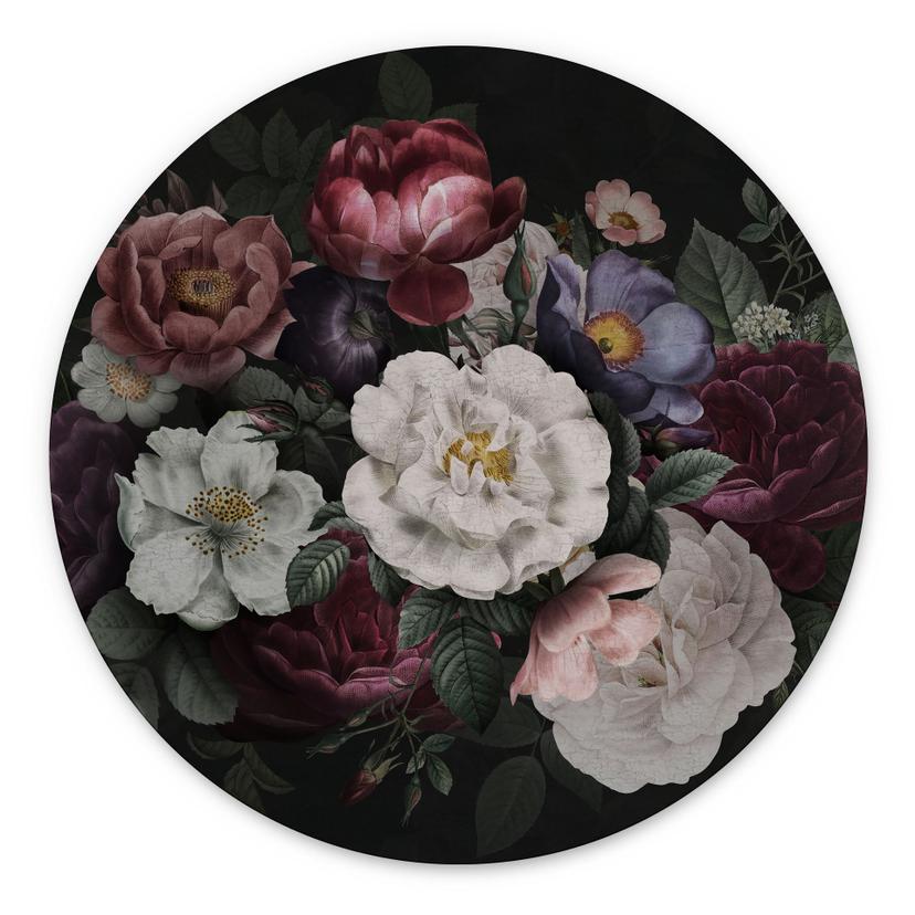 Billede af blomsterstilleben i Redouté-stil - Blomsterdekoration - rund – print på aluminium