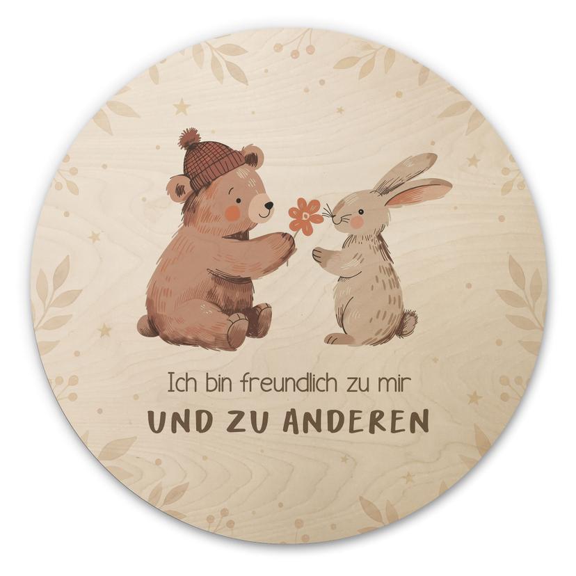 Rundes Holzbild mit Bär und Hase - 'Ich bin freundlich'