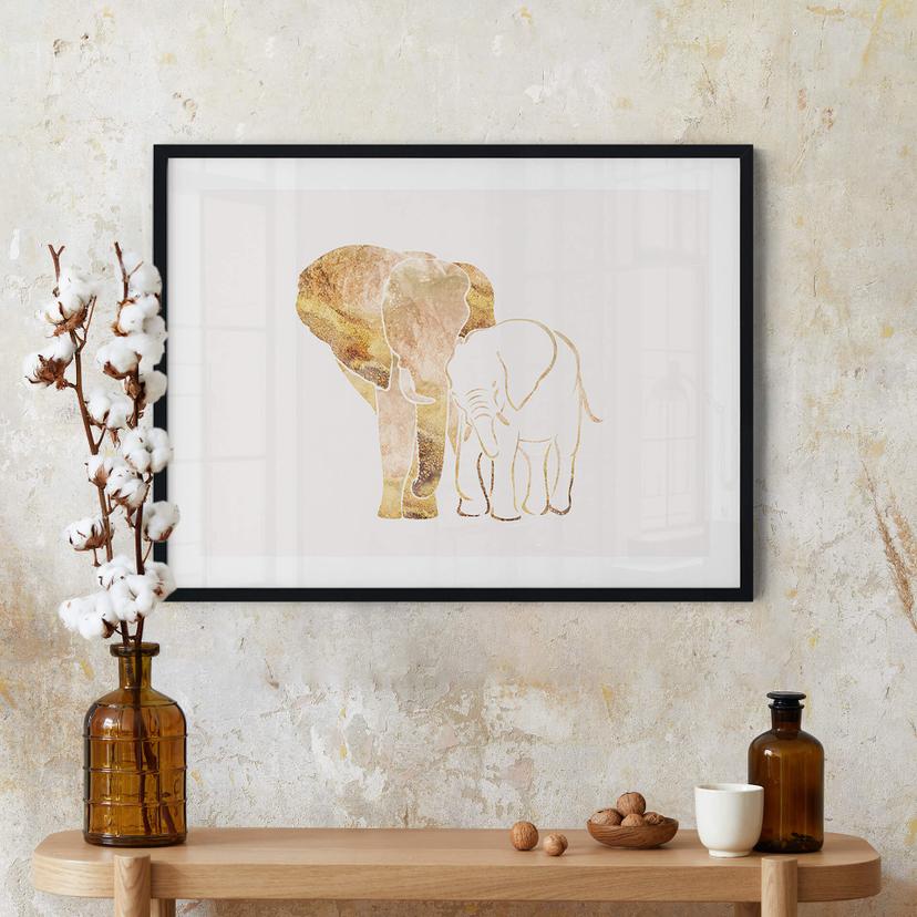Poster Manovski - Line Art - Éléphants dorés