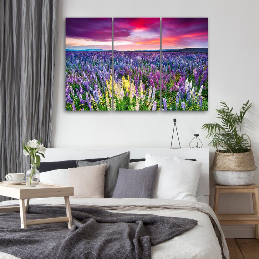 Stampa su tela 3 pezzi, paesaggio di lavanda prato fiorito
