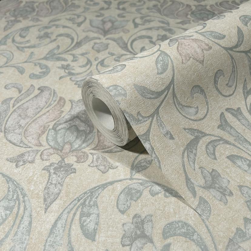 vliesbehang met bloemen, bladeren ornamenten glanzend beige bloemmotieven