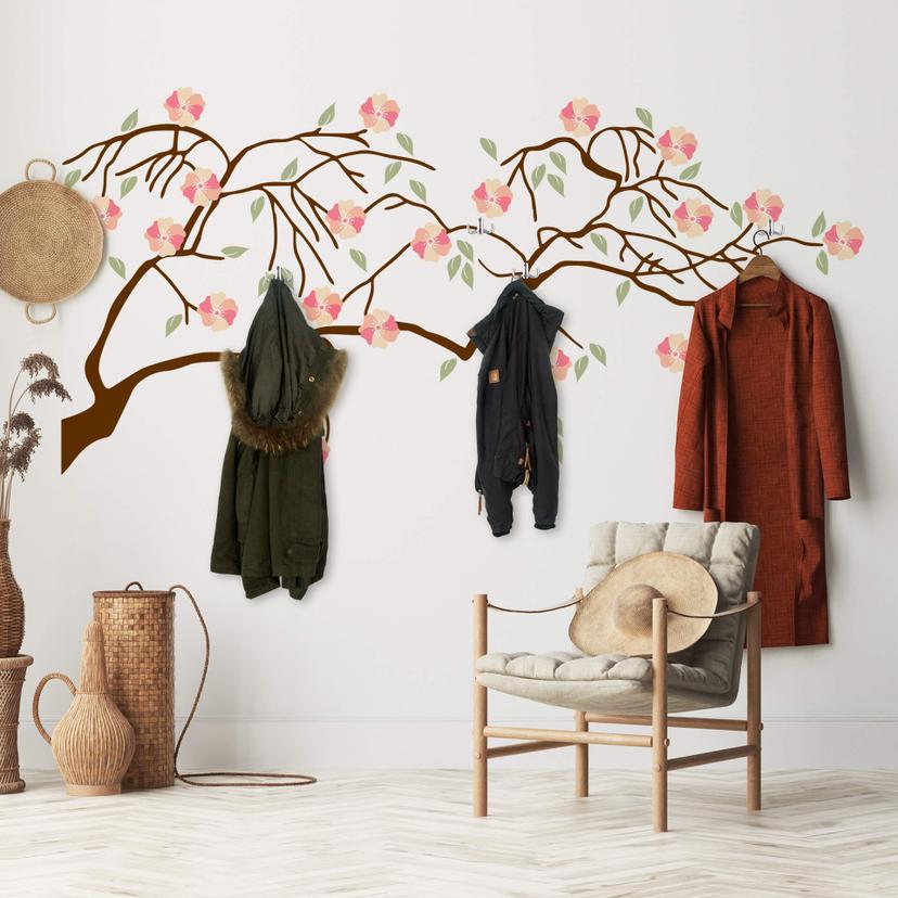 Wandtattoo Langer Ast mit pfirsichfarbenen Blüten + 3 Wandhaken