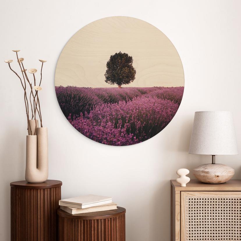 Stampa su legno campi di lavanda viola al tramonto - Cevik - Rotonda