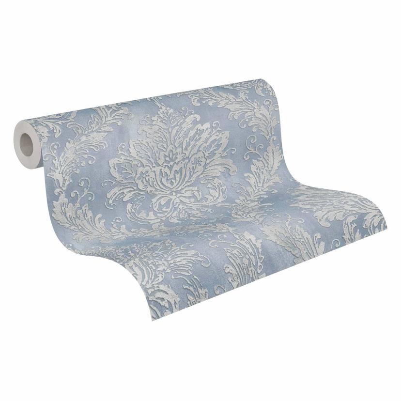 Carta da parati barocca blu argento - Carta da parati in tessuto non tessuto con motivi ornamentali