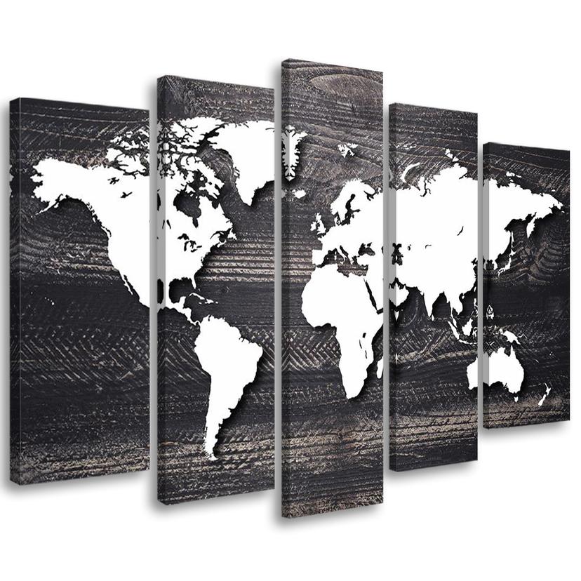 Tableau sur Toile en 5 parties Carte du Monde Vintage Gris