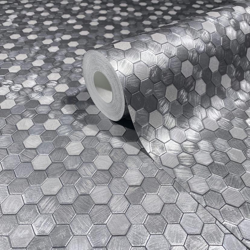 Papel pintado no tejido hexagonal, azulejo metálico aspecto moderno, geométrico brillante en plata