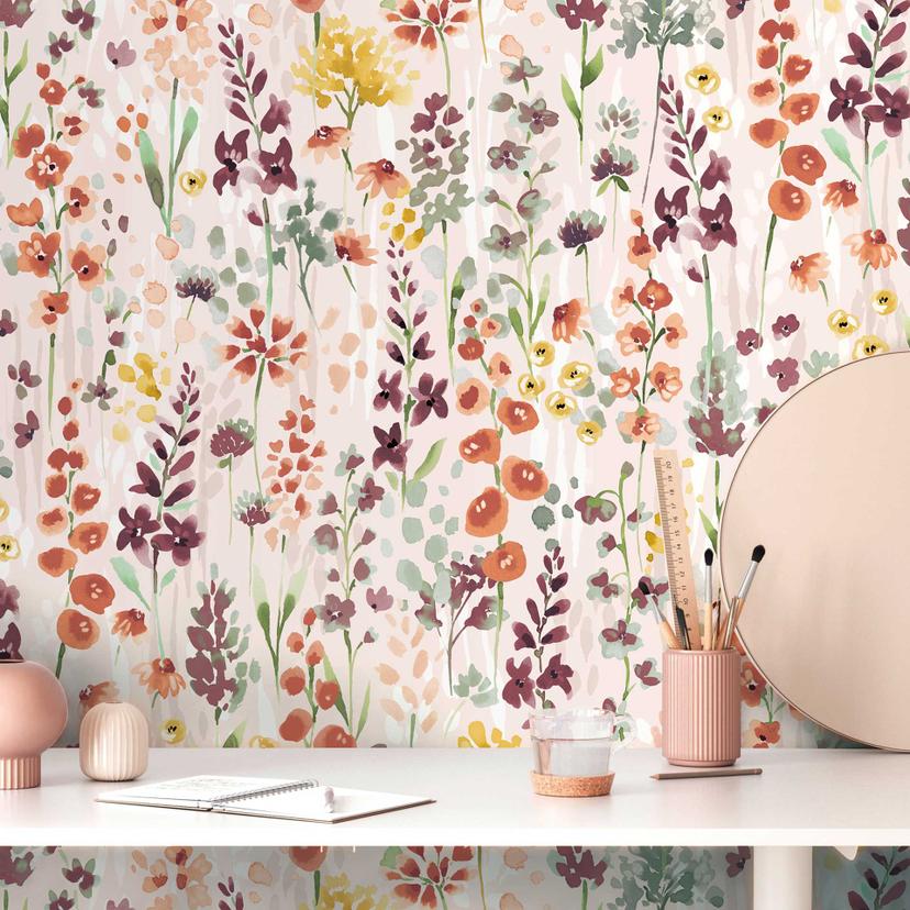 Blomster tapet akvarel look beige brun - Tapet med mønster naturlige toner - ikke-vævet tapet
