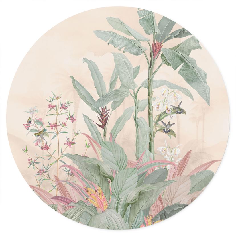Wallsticker Tropisk idyll med kolibri aprikos - Blomstersmycke Dekor - Rund