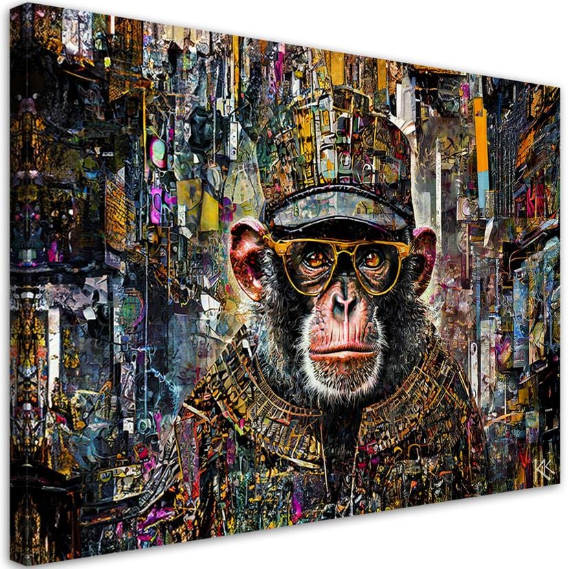 Tableau sur toile, singe avec accents colorés