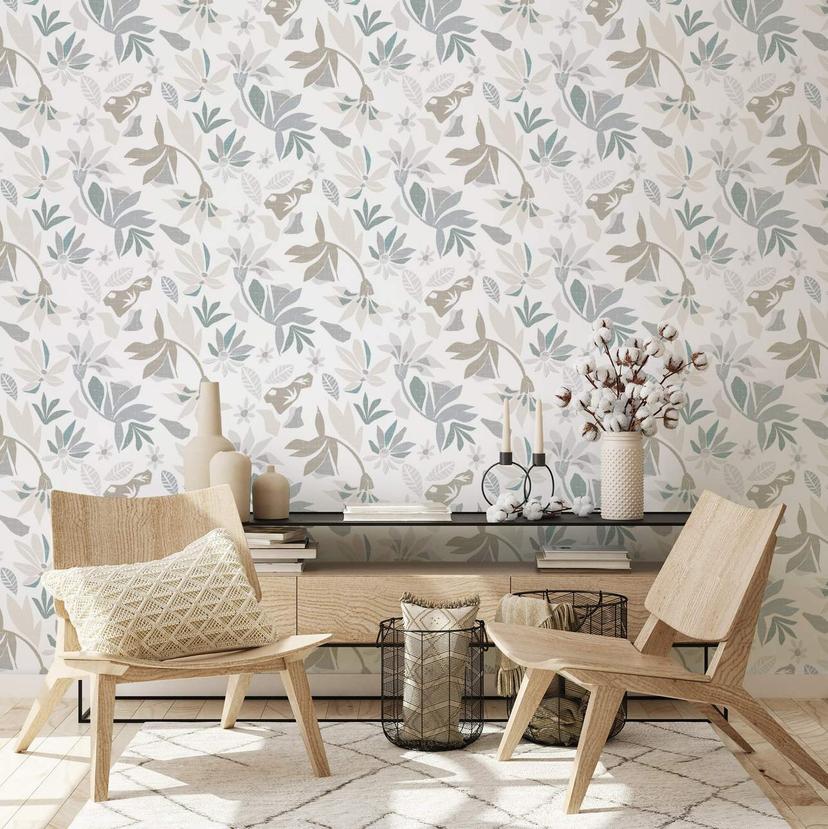 tapet, non-woven blomstertapet Flora hvid, grå