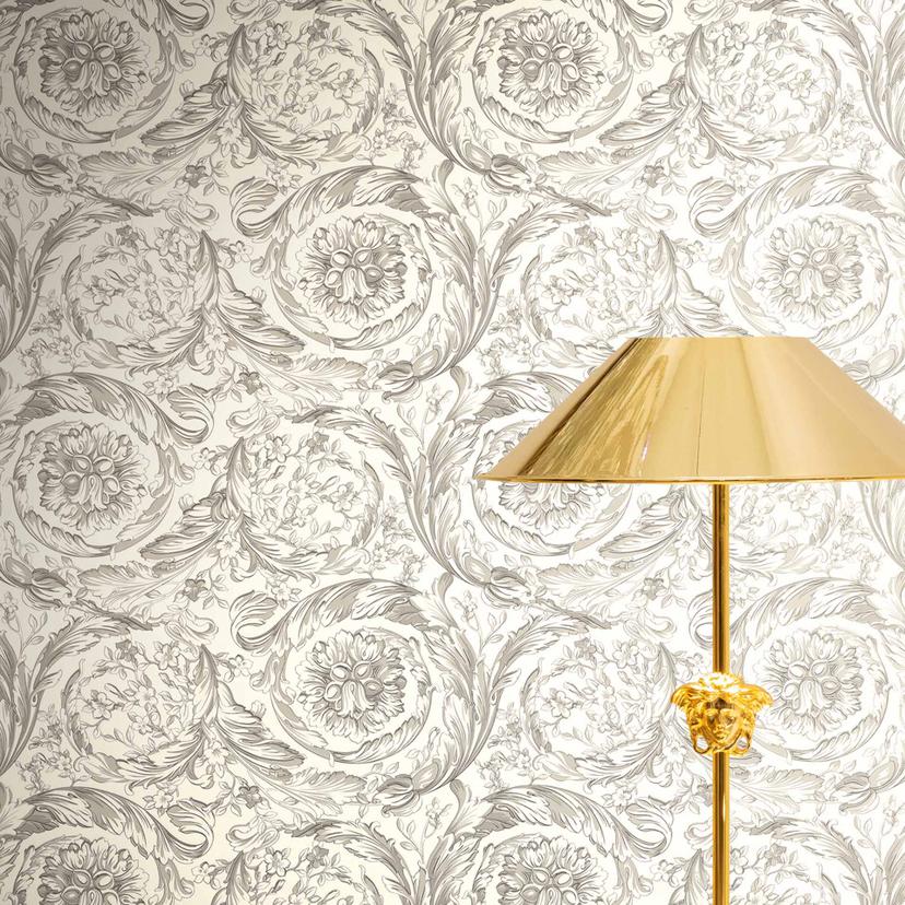 Versace Papier peint intissé Barocco Neo Classique Floral Vrilles Gris Blanc élégant