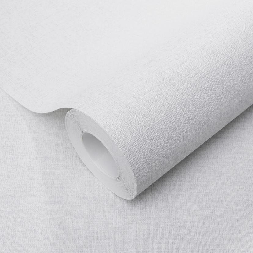 Papel pintado no tejido de color gris claro liso con una fina textura de lino, sutilmente moderno y