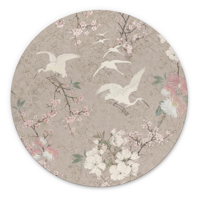 Billede af kraner i en kirsebærblomst Rush Beige - Bloomery Decor - rund – print på aluminium