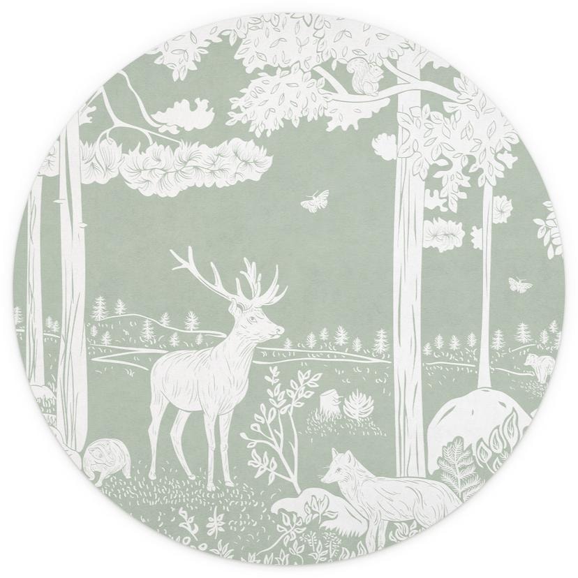 Idyllisk skog Fototapet i grönt - oas för vilda djur - Kikki Belle - Round - non-woven tapet/självhä