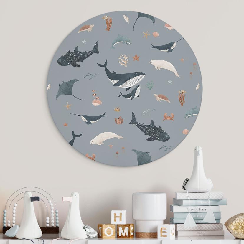 Murale rotondo Mondo marittimo sottomarino - balene e animali marini - Kikki Belle