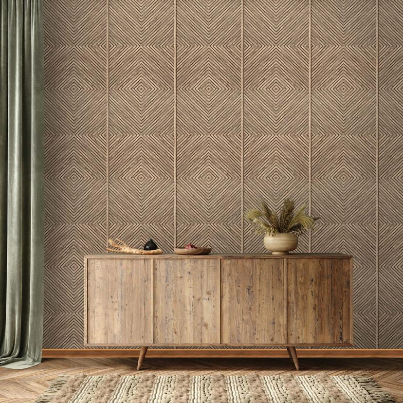 Ikke-vævet tapet træ, geometrisk trælook, mat landhus i beige