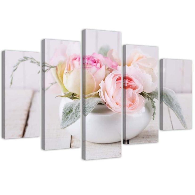 Impression sur toile en 5 parties, Roses Vase Nature Flowers