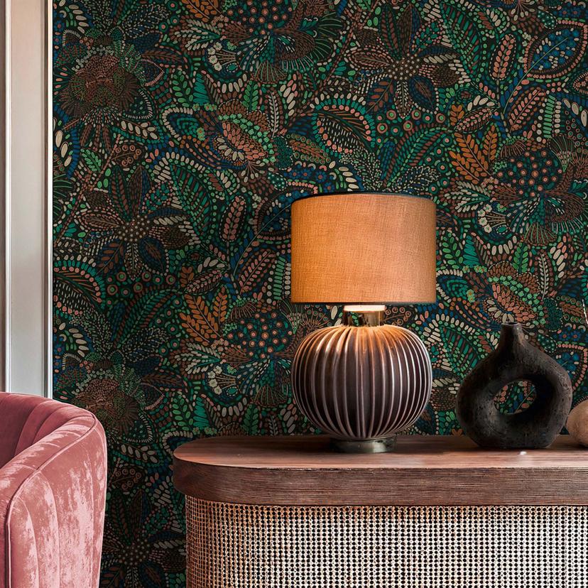 Papier peint intissé Ethno Fleurs Feuilles bleu vert Papier peint mural Treillis de feuilles