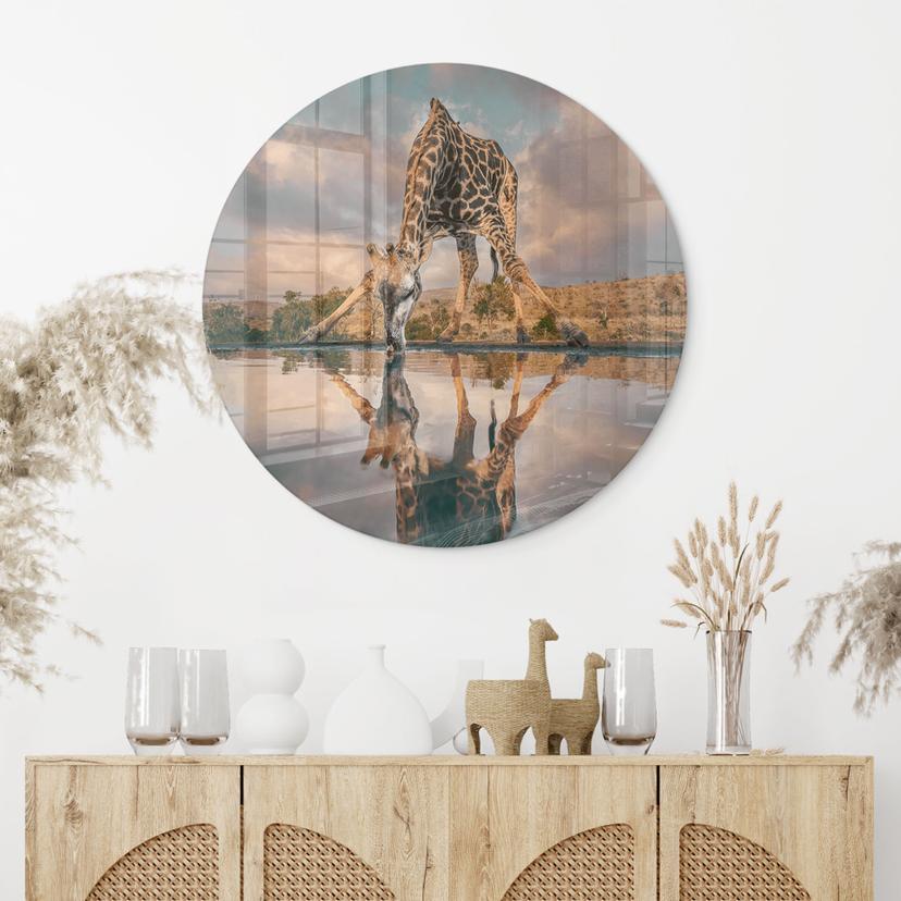 Glasplaat Reflectie van een giraffe in de wildernis - Amtmann - Rond